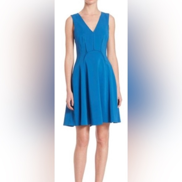 Rebecca Taylor V Neck Sleeveless Fit n Flare Dress Blue Career Cocktail Size 8 - Picture 3 of 10